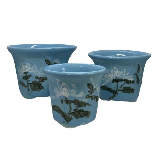 Mid 20th Century HandPainted French Blue Ceramic Planter Flower Pots Set of 3 - Picture 12 of 12